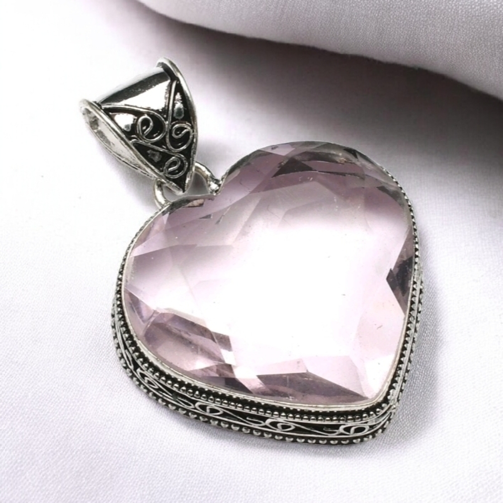 Pink Topaz Heart Pendant Necklace Handcrafted 925 Sterling Silver Overlay